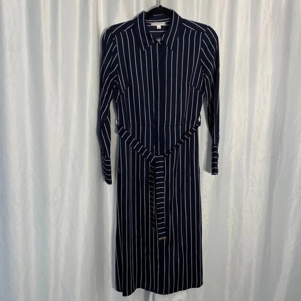Tommy Hilfiger Belted Striped Shirt Dress Long Sleeve Navy Size 4 - Picture 2 of 16